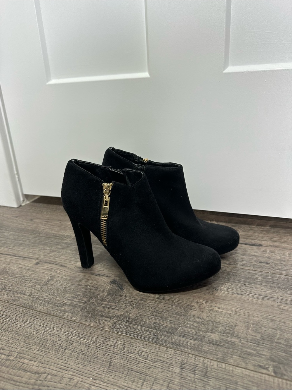 Marc Fisher Black Suede High Heel Ankle Booties with Gold Zip